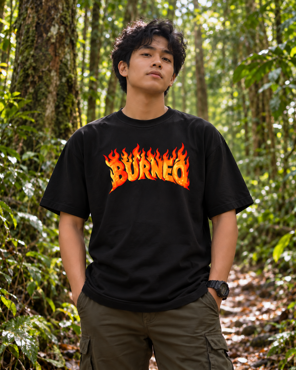 Mockup tampak depan kaos BURNEO di hutan
